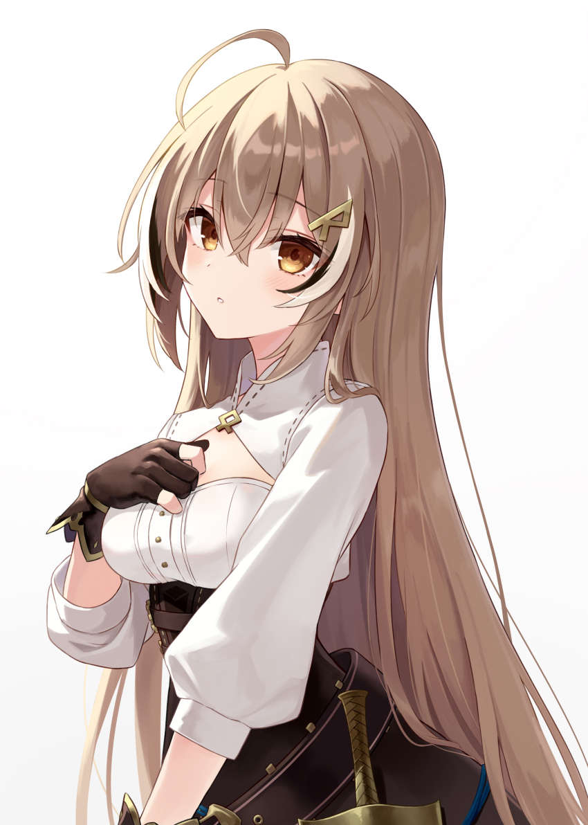 1girl :o absurdres ahoge azuuru belt black_gloves black_hair black_skirt blush breasts brown_eyes brown_hair cleavage_cutout clothing_cutout commentary_request gloves hair_between_eyes hair_down hand_on_own_chest high-waist_skirt highres hololive hololive_english long_hair long_sleeves looking_at_viewer medium_breasts multicolored_hair nanashi_mumei nanashi_mumei_(1st_costume) parted_lips partially_fingerless_gloves simple_background skirt smile solo streaked_hair sword underbust upper_body very_long_hair virtual_youtuber weapon white_background white_hair