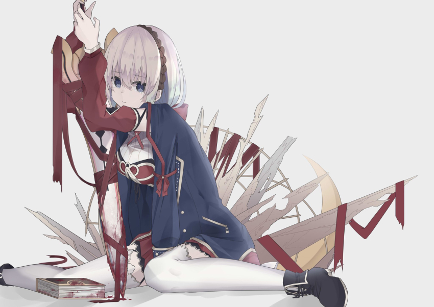 1girl black_shoes blonde_hair blood blood_on_book bloody_weapon blue_jacket book breasts brown_hairband closed_mouth crying crying_with_eyes_open detached_sleeves dress grimms_notes hairband highres holding holding_sword holding_weapon iumi_urura jacket looking_at_viewer medium_breasts red_dress red_sleeves reina_(grimms_notes) shadow shoes sitting solo sword tears thighhighs wariza weapon white_background white_thighhighs