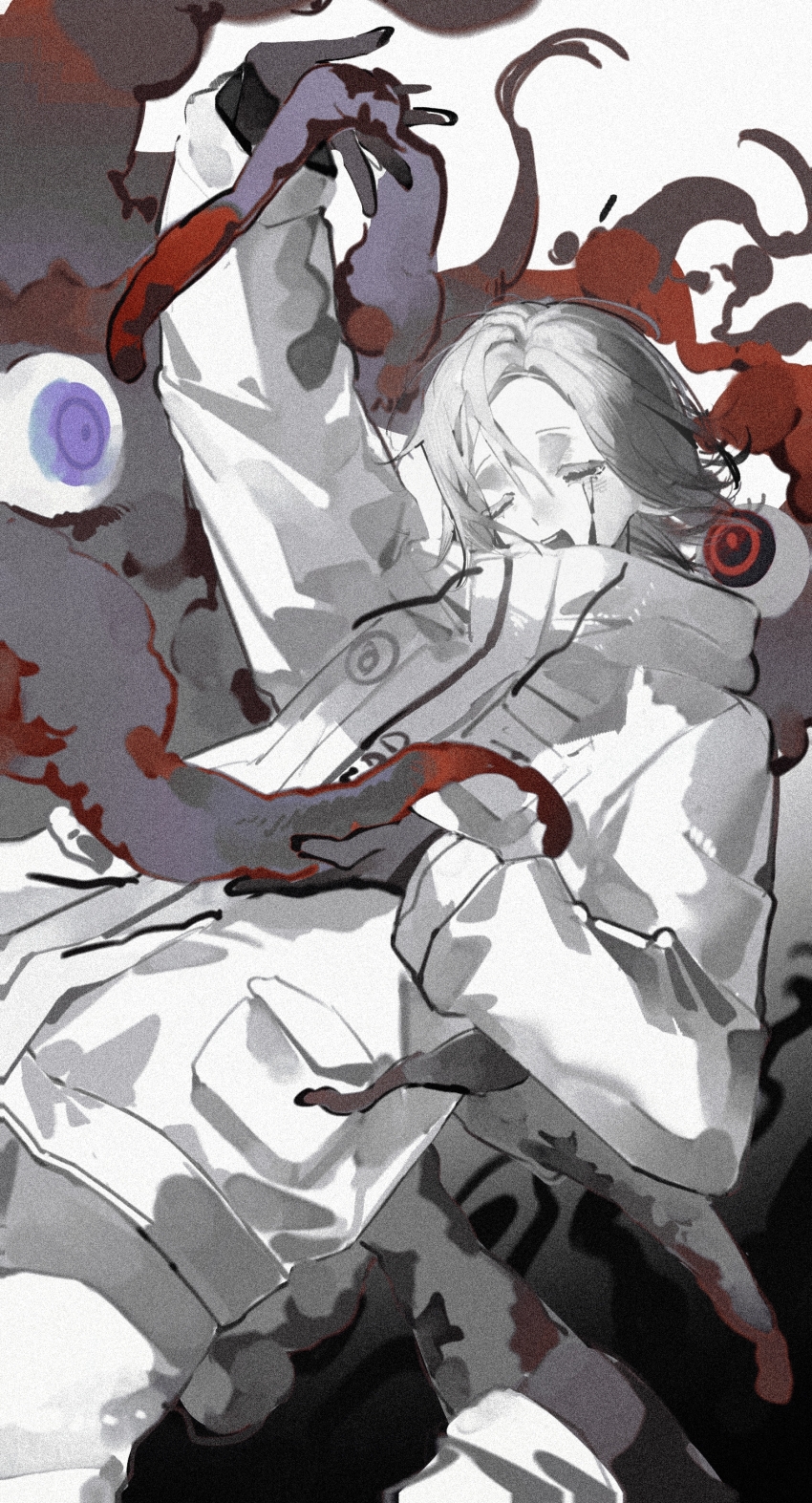 1boy absurdres aotsuki_eito black_gloves chinese_commentary closed_eyes eldritch_abomination eyeball film_grain gloves gradient_background grey_background grey_hair highres holding_tentacle jacket male_focus masaya564 pocket purple_eyes red_eyes short_hair tentacles the_hundred_line_-last_defense_academy- white_background white_jacket