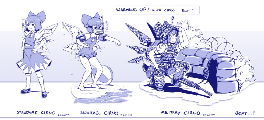 ball barbed_wire beachball bikini blue_bow blue_dress blue_eyes blue_hair blush bow camouflage camouflage_bikini camouflage_headwear camouflage_jacket camouflage_legwear camouflage_pants camouflage_shirt camouflage_shorts cirno diving_mask diving_mask_on_head dress goggles goggles_on_head gun hair_bow hat highres ice ice_wings jacket looking_at_viewer military military_combat_uniform military_uniform naval_uniform nsio one-piece_swimsuit open_mouth pants puffy_sleeves range_finder ribbon sandbag shirt short_hair short_sleeves shorts smile snorkel snorkel_in_mouth soldier solo swimsuit touhou trench war weapon wings