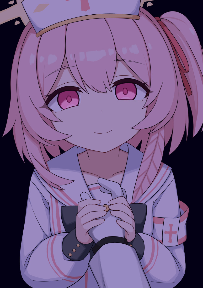 1girl 1other absurdres armband black_background black_bow black_bowtie blue_archive bow bowtie closed_mouth collarbone cross cross_print dark dot_nose gloves hair_ribbon hat highres holding_another&#039;s_arm long_sleeves looking_at_viewer medium_hair nurse nurse_cap one_side_up pink_eyes pink_hair ponytail red_ribbon ribbon sailor_collar serina_(blue_archive) shirt short_ponytail side_ponytail simple_background smile solo_focus upper_body white_armband white_gloves white_sailor_collar white_shirt zddma20