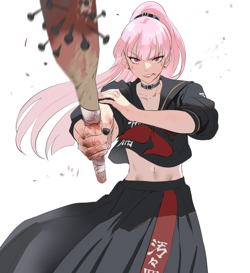 1girl abs baseball_bat black_serafuku blood blood_on_face blood_on_hands bloody_weapon breasts delinquent highres holding holding_baseball_bat hololive hololive_english long_hair long_skirt looking_at_viewer mori_calliope nail nail_(hardware) nail_bat navel neckerchief official_alternate_costume school_uniform serafuku set7 shirt simple_background skirt small_breasts solo sukeban toned toned_female virtual_youtuber weapon