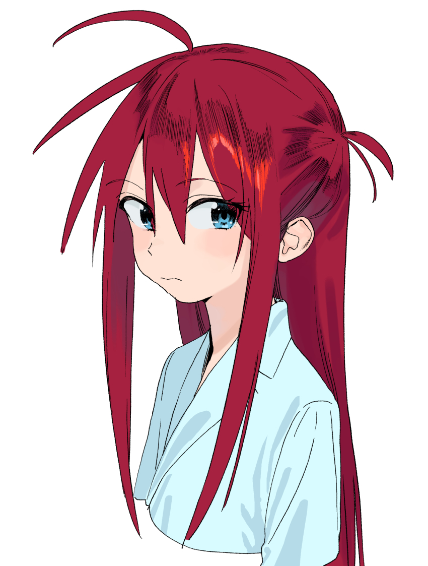 1girl ahoge antenna_hair blue_eyes blue_shirt blush closed_mouth collared_shirt hair_between_eyes highres hipa_(some1else45) long_hair looking_at_viewer original red_hair shirt simple_background solo some1else45 upper_body white_background white_shirt