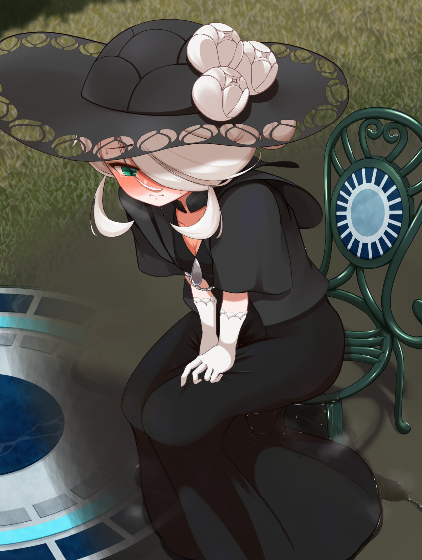 1girl absurdres between_legs black_dress black_hat black_jacket blush breasts chair cleavage closed_mouth cogita_(pokemon) day dress embarrassed female_focus flower full_body gloves grass green_eyes hair_bun hair_over_one_eye half-closed_eyes hand_between_legs hat hat_flower highres in-universe_location jacket leaning_forward long_dress looking_down mizuumi_(expanse_lake) nintendo nose_blush on_chair one_eye_covered outdoors pee peeing peeing_self pokemon pokemon_legends:_arceus raised_eyebrows short_hair short_sleeves single_hair_bun sitting small_breasts solo steam sun_hat sweat swept_bangs table tears wet wet_clothes wet_dress white_flower white_gloves white_hair x-ray