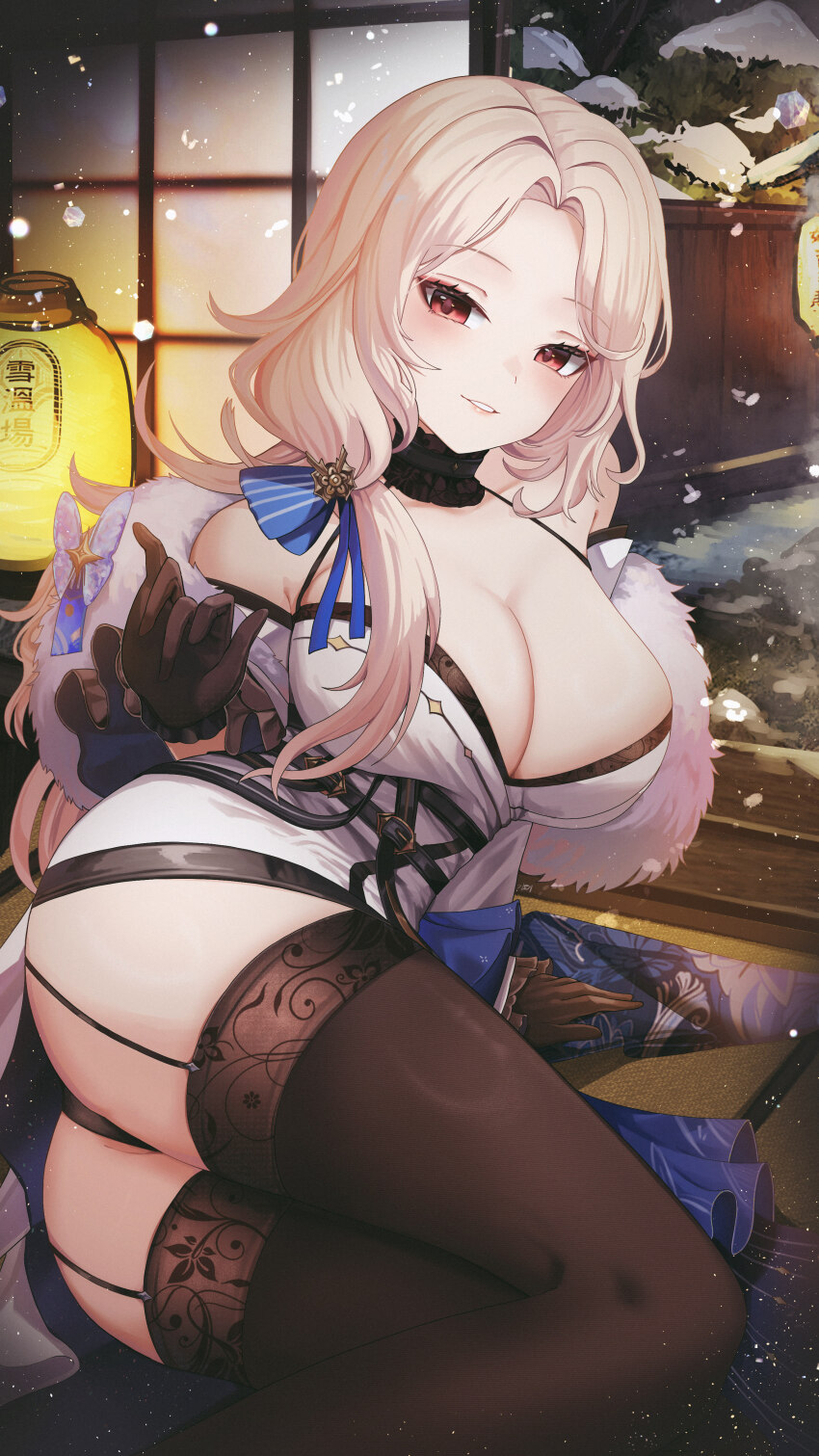 1girl absurdres black_garter_straps black_thighhighs blue_ribbon breasts fur-trimmed_kimono fur_trim garter_straps gimyogi goddess_of_victory:_nikke hair_over_shoulder highres japanese_clothes kimono lantern ludmilla_(nikke) ludmilla_(winter_owner)_(nikke) official_alternate_costume ribbon solo thighhighs thighs white_kimono