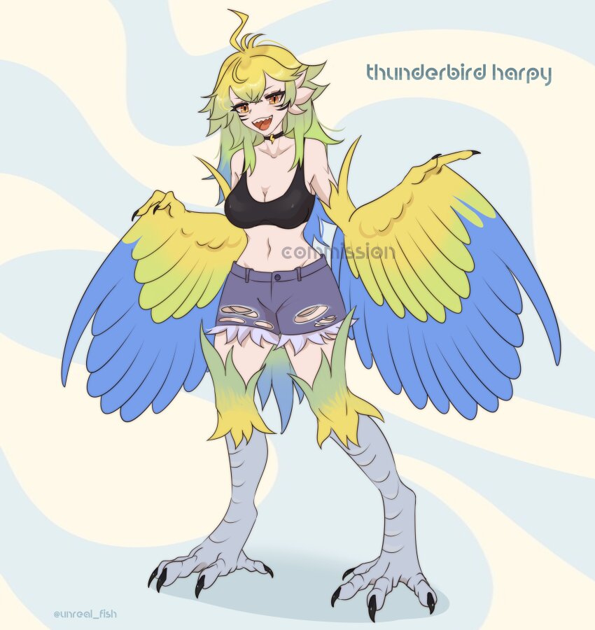 1girl absurdres bare_shoulders bird_legs black_choker blonde_hair blue_hair breasts choker cleavage commentary commission cutoffs denim denim_shorts english_commentary ev_v1l facial_mark feathered_wings feathers green_hair harpy highres lightning_bolt_choker looking_at_viewer medium_breasts monster_girl monster_girl_encyclopedia multicolored_hair navel open_mouth shorts solo tail talons thunderbird_(monster_girl_encyclopedia) two-tone_wings winged_arms wings yellow_feathers yellow_wings