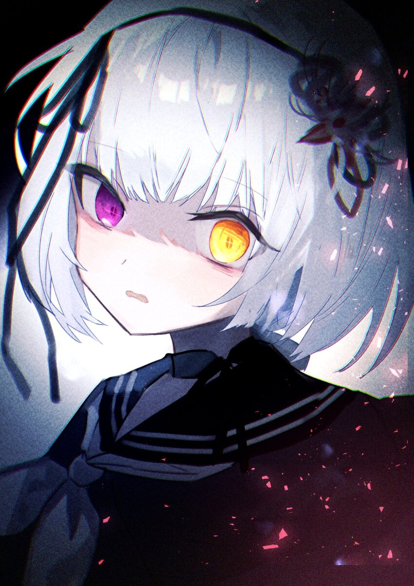1girl assault_lily black_background black_choker black_flower black_hairband black_ribbon black_sailor_collar black_shirt bow_hairband choker chromatic_aberration commentary_request flower gradient_background grey_background hair_flower hair_ornament hair_ribbon hairband heterochromia highres kutorua looking_at_viewer neckerchief parted_lips portrait purple_eyes ribbon ribbon_choker sailor_collar school_uniform scowl serafuku shaded_face shirt short_hair solo white_background white_hair white_neckerchief yamaguchi_chihiro_(assault_lily) yellow_eyes