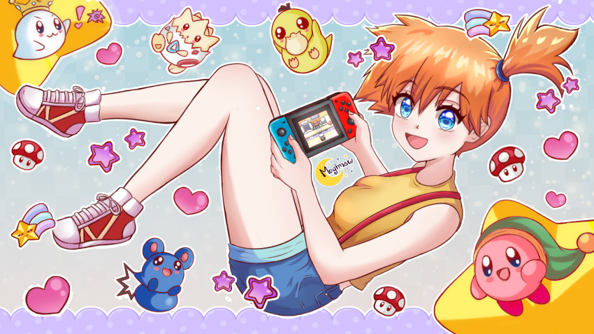 1girl :d asymmetrical_hair azurill bare_arms blue_eyes blue_shorts blush breasts crossover eyelashes game_console game_freak gen_1_pokemon gen_2_pokemon gen_3_pokemon hair_between_eyes handheld_game_console hat heart highres holding holding_handheld_game_console kirby kirby_(series) looking_at_viewer misty_(pokemon) mugimew nintendo nintendo_switch open_mouth orange_hair pokemon pokemon_(anime) pokemon_(classic_anime) pokemon_rse ponytail psyduck red_footwear shirt shoes short_hair short_shorts shorts side_ponytail sleeveless sleeveless_shirt smile sneakers star_(symbol) super_mushroom suspenders tank_top togepi tongue yellow_shirt yellow_tank_top