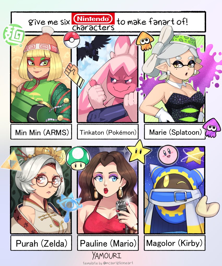 1-up_mushroom 4girls absurdres arms_(game) blonde_hair blue_eyes breasts brown_eyes brown_hair cleavage collarbone commentary company_connection company_logo corviknight donkey_kong_(series) dragon_(arms) dress earrings english_commentary english_text eyeshadow gen_8_pokemon highres inkling jewelry kirby kirby&#039;s_return_to_dream_land kirby_(series) knit_hat magolor makeup marie_(splatoon) mario_(series) microphone min_min_(arms) multiple_drawing_challenge multiple_girls nail_polish nintendo one_eye_closed paint_splatter pauline_(mario) planet_popstar pointy_ears poke_ball poke_ball_(basic) pokemon pokemon_(creature) purah purple_eyeshadow rayman_limbs red_dress round_eyewear six_fanarts_challenge splatoon_(series) splatoon_1 super_mario_odyssey super_star_(mario) the_legend_of_zelda the_legend_of_zelda:_tears_of_the_kingdom tinkaton triforce white_hair yamouri yellow_eyes