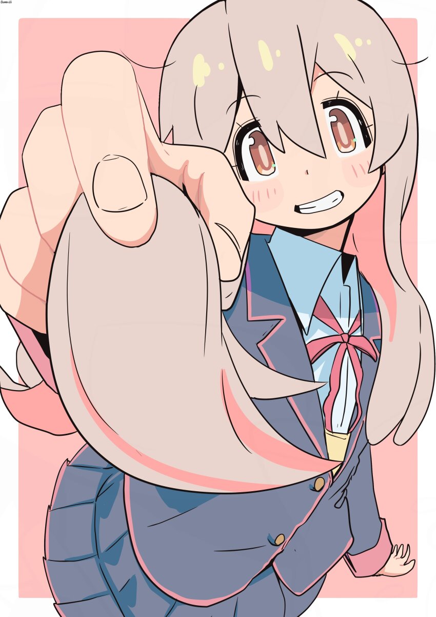 1girl absurdres ahoge_removed artist_name bambi2000line black_jacket black_skirt border brown_eyes colored_inner_hair commentary foreshortening grey_hair grin hair_between_eyes highres jacket light_blush long_hair long_sleeves looking_at_viewer multicolored_hair neck_ribbon onii-chan_wa_oshimai! outside_border oyama_mahiro pink_background pink_hair pleated_skirt red_ribbon ribbon school_uniform shirt simple_background skirt smile solo two-tone_hair white_border white_shirt wing_collar