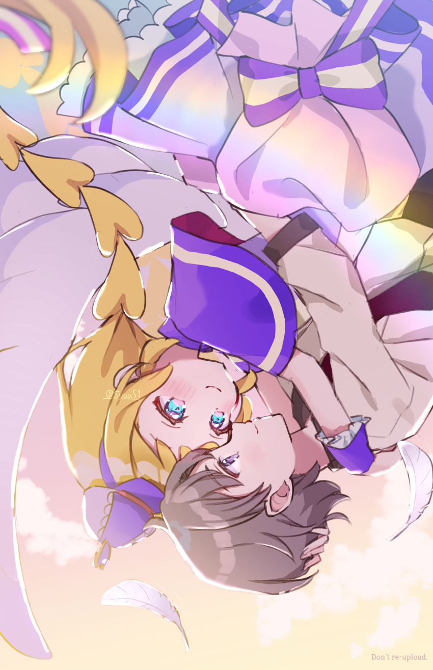1boy 1girl absurdres blonde_hair bow braid capelet closed_mouth commentary cure_friendy day dress dress_bow falling feathers grey_hair grey_shirt hat hetero highres hiiragi_syuu hug inukai_iroha long_hair long_sleeves looking_at_another magical_girl outdoors precure purple_bow purple_capelet purple_dress purple_eyes purple_hat school_uniform second_wangan_school_uniform shirt short_dress smile toyama_satoru twin_braids twintails twitter_username upside-down wings wonderful_precure! wrist_cuffs