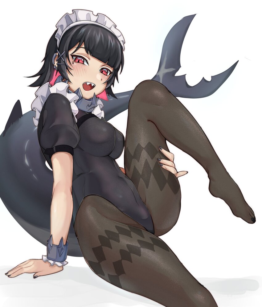 1girl absurdres black_hair black_leotard black_nails black_pantyhose breasts colored_inner_hair commentary earclip ellen_joe english_commentary fingernails fins fish_tail hair_ornament highleg highleg_leotard highres knee_up large_breasts leg_lift legs leiden_yaegore leotard looking_at_viewer maid_headdress metal_wrist_cuffs mole mole_under_eye multicolored_hair nail_polish no_shoes open_mouth pantyhose parted_bangs puffy_short_sleeves puffy_sleeves red_eyes see-through_clothes see-through_pantyhose shark_girl shark_tail sharp_teeth short_hair short_sleeves simple_background sitting solo tail teeth toenail_polish toenails upper_teeth_only white_background wrist_cuffs x_hair_ornament zenless_zone_zero