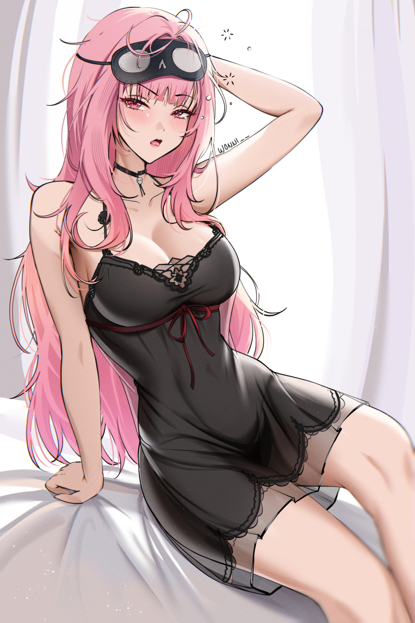 1girl black_choker black_negligee blunt_bangs breasts choker cleavage eye_mask highres hololive hololive_english large_breasts lingerie looking_at_viewer mask mask_on_head mori_calliope negligee pink_eyes pink_hair sitting solo underwear virtual_youtuber wonnikon