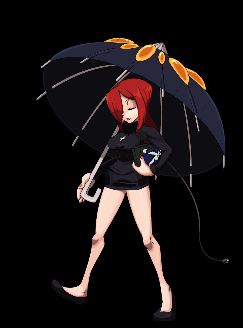 1girl alex_ahad_(style) arcade_stick bare_legs breasts controller cross closed_eyes female_focus flats frown game_controller hair_over_one_eye highres impossible_clothes impossible_shirt jewelry joystick large_hands long_hair long_legs miniskirt nail_polish necklace parasoul_(skullgirls) parody rain red_hair shirt skirt skullgirls narrow_waist solo transparent_background umbrella walking