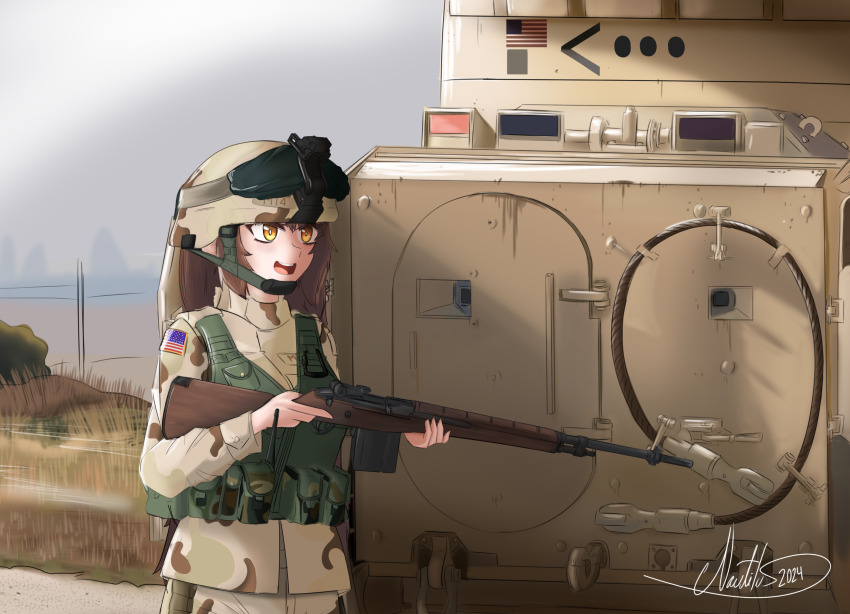 1girl bulletproof_vest chin_strap girls&#039;_frontline goggles grass gun happy helmet highres looking_ahead m14_(girls&#039;_frontline) m2_bradley military_uniform military_vehicle motor_vehicle rifle tank weapon