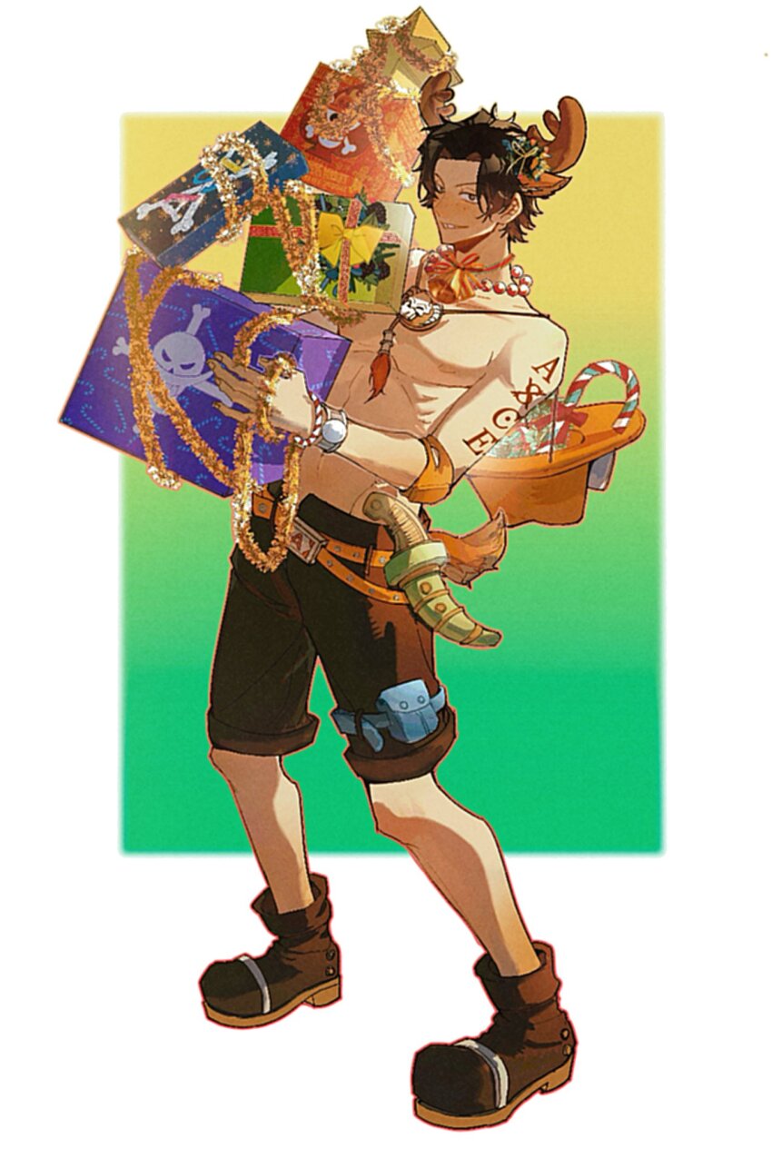 1boy arm_tattoo belt black_hair black_shorts boots box elbow_pads fake_antlers full_body gift gift_box gradient_background green_background hashtag-only_commentary highres holding holding_box jewelry jolly_roger looking_at_viewer male_focus necklace one_piece onecata11 pearl_necklace portgas_d._ace pouch short_hair shorts single_elbow_pad smile solo straw_hats_jolly_roger tattoo thigh_pouch whitebeard_pirates_jolly_roger yellow_background