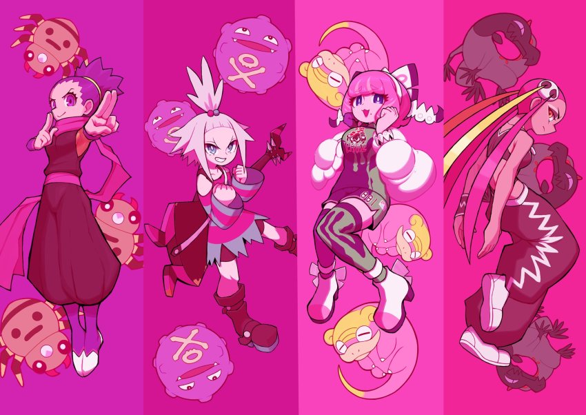 4girls bear_ringer bike_shorts boots clenched_hands closed_mouth commentary_request dark-skinned_female dark_skin dress galarian_form galarian_slowpoke gen_1_pokemon gen_2_pokemon gen_7_pokemon gen_8_pokemon grin hair_bobbles hair_ornament hairband hands_up highres janine_(pokemon) klara_(pokemon) koffing looking_back mole mole_under_mouth multicolored_hair multiple_girls nintendo pants pink_hair plumeria_(pokemon) pokemon pokemon_(creature) pokemon_bw2 pokemon_hgss pokemon_sm pokemon_swsh purple_eyes purple_hair quad_tails roxie_(pokemon) salandit scarf shirt shoes short_dress shorts side_slit side_slit_shorts smile spinarak striped_clothes striped_dress thighhighs topknot white_footwear white_hair white_hairband wristband