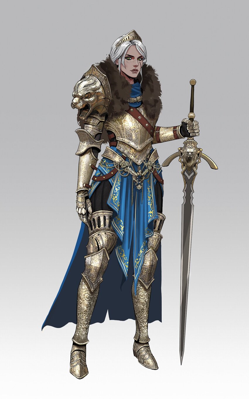 1girl aleksandra_skiba alternate_costume armor armored_boots boots breastplate ciri full_body fur_collar gradient_background green_eyes grey_background highres holding holding_sword holding_weapon looking_at_viewer pauldrons shoulder_armor single_pauldron solo sword the_witcher_(series) tiara weapon white_hair