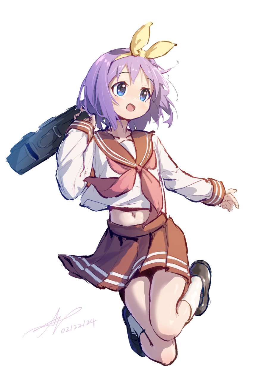 1girl ap04astral bag black_bag blue_eyes bow bow_hairband chinese_commentary collarbone commentary_request dated hairband hand_up highres hiiragi_tsukasa holding holding_bag jumping light_blush long_sleeves lucky_star midriff mixed-language_commentary navel neckerchief open_mouth pink_neckerchief pleated_skirt purple_hair red_sailor_collar red_skirt ryouou_school_uniform sailor_collar school_uniform serafuku short_hair signature simple_background skirt solo white_background yellow_bow yellow_hairband