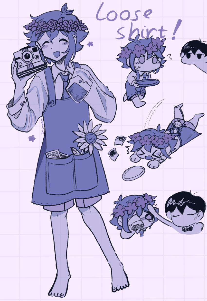 &gt;_&lt; 2boys :o antenna_hair apron barefoot basil_(headspace)_(omori) basil_(omori) black_bow black_bowtie blue_theme blush bow bowtie camera closed_eyes closed_mouth collared_shirt flower flying_sweatdrops head_wreath headpat highres holding holding_camera holding_tray inksweater limited_palette long_sleeves looking_at_another male_focus multiple_boys necktie omori omori_(omori) open_mouth photo_(object) shirt short_hair smile sunflower tray