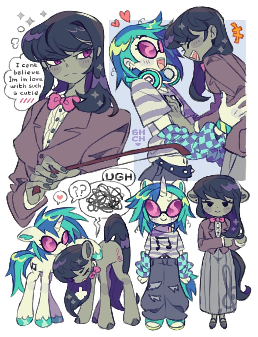 +++ 2girls :d ? ?? ^_^ animal animal_ears aqua_hair aqua_shoes aqua_tail arm_warmers baggy_pants black-framed_eyewear black_hair black_shoes black_tail blue_hair blue_tail bow bow_(music) bowtie brown_jacket center_frills checkered_clothes closed_eyes closed_mouth colored_skin commentary creature_and_personification cropped_torso cutie_mark dot_nose ear_piercing english_commentary english_text face-to-face facing_another fingernails frills frown full_body glasses grey_pants grey_skin grey_skirt hand_on_another&#039;s_arm hand_on_another&#039;s_chest headphones headphones_around_neck heart highres holding holding_bow_(music) hooves horse_ears horse_girl jacket lapels layered_sleeves long_hair long_skirt low_ponytail mary_janes medium_hair multicolored_hair multiple_girls multiple_views musical_note musical_note_print my_little_pony my_little_pony:_equestria_girls my_little_pony:_friendship_is_magic octavia_melody octavia_melody_(equestria_girls) open_mouth pants personification piercing pink-tinted_eyewear pink_bow pink_bowtie pink_eyes pleated_skirt pony_(animal) ponytail profile sharpycharot shoes short_hair short_sleeves sideways_glance simple_background skirt smile speech_bubble spoken_heart spoken_question_mark spoken_squiggle squiggle teeth thought_bubble tinted_eyewear tongue traditional_bowtie treble_clef two-tone_hair two-tone_tail unicorn unicorn_girl upper_teeth_only very_long_hair vinyl_scratch vinyl_scratch_(equestria_girls) white_background white_skin yuri