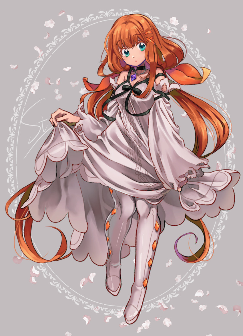 1girl :o aqua_eyes black_choker boots choker commentary_request detached_sleeves dress full_body grey_background hair_ribbon highres kingdom_hearts kingdom_hearts_x long_hair looking_at_viewer maimai_melc orange_hair orange_ribbon ribbon simple_background sleeves_past_wrists solo strelitzia_(kingdom_hearts) twintails very_long_hair white_boots white_dress wide_sleeves