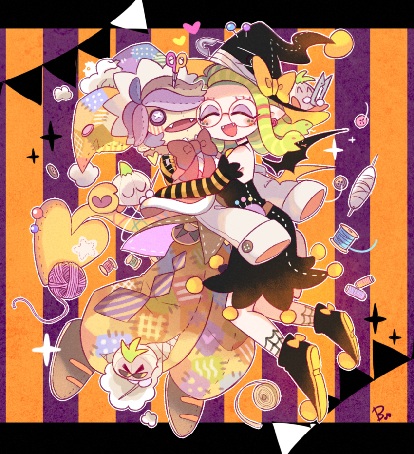 1girl ^_^ alternate_costume bandages bare_shoulders beco_(100me) bell black_choker black_dress black_footwear black_hat black_sleeves black_socks black_wings blush_stickers boots bow buttons character_doll choker closed_eyes commentary_request demon_wings detached_sleeves detached_wings dress earrings eyeshadow fangs fishnet_socks fishnets flower flower_earrings food footwear_bow fruit garland_(decoration) glasses green_hair green_scales gryll_(kirby) halloween halloween_costume happy hat hat_bow highres hugging_object jewelry kirby_(series) letterboxed long_hair makeup marx_(kirby) mini_wings neck_bell needle nintendo onion open_mouth orange_(fruit) orange_background orange_bow orange_hat orange_slice outline outside_border oversized_object paperclip pepper_(kirby) personification pointy_ears pointy_footwear pom_pom_hat_ornament purple_background purple_eyeshadow red-framed_eyewear red_flower red_rose ribbon-trimmed_dress ribbon-trimmed_headwear ribbon_trim rose round_eyewear salt_(kirby) scales sewing_needle short_dress silk smile snake_hair socks sparkle spider_web strapless strapless_dress striped_background striped_sleeves stuffing sugar_(kirby) two-sided_fabric two-sided_headwear two-tone_background two-tone_sleeves white_outline wings witch_hat yarn yarn_ball yarn_bobbin