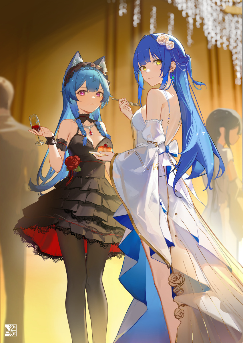 1boy 3girls absurdres alcohol animal_ears arm_scrunchie bare_back bare_shoulders black_dress black_pantyhose blue_hair blurry blurry_background breasts cat_ears chandelier cherry chinese_commentary cocktail_dress commentary cup dress drinking_glass evening_gown feet_out_of_frame flower food fork fruit gem hair_flower hair_ornament highres holding holding_cup holding_food holding_fork indoors jacket medium_breasts multiple_girls original pantyhose red_dress red_eyes red_flower red_gemstone red_rose red_wine rein_yukimatsu rose sleeveless sleeveless_dress two-tone_dress white_dress white_flower white_rose wine wine_glass yellow_eyes