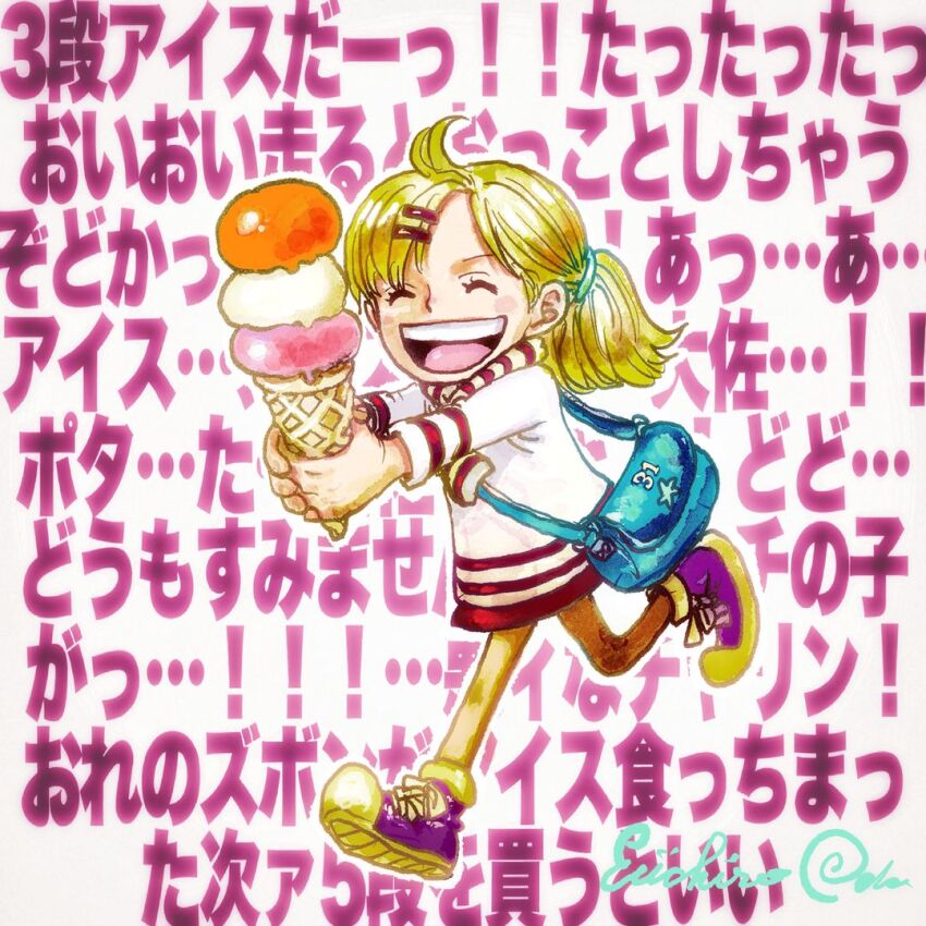 1girl ^_^ bag blonde_hair closed_eyes commentary_request food full_body holding holding_food holding_ice_cream ice_cream oda_eiichirou one_piece open_mouth satchel scarf shoes signature sneakers solo teeth translation_request upper_teeth_only yu_(one_piece)
