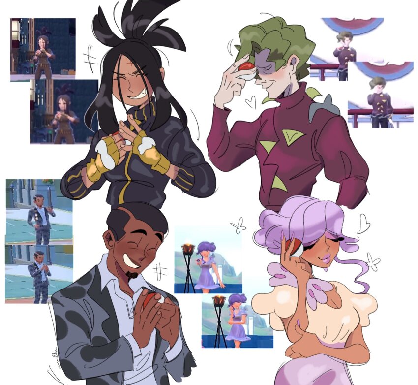 2boys 2girls awlba black_hair black_jacket black_track_suit brassius_(pokemon) buzz_cut closed_eyes cross_scar dark-skinned_female dark-skinned_male dark_skin dendra_(pokemon) eyelashes eyeshadow facial_hair fingerless_gloves gloves goatee green_hair grin highres holding holding_poke_ball jacket long_hair long_sleeves makeup multiple_boys multiple_girls nintendo no_eyebrows poke_ball poke_ball_(basic) pokemon pokemon_sv purple_eyeshadow purple_hair purple_lips reference_inset salvatore_(pokemon) scar scar_on_face scar_on_forehead short_hair smile three-quarter_sleeves track_jacket track_suit tulip_(pokemon) turtleneck turtleneck_jacket very_short_hair yellow_gloves