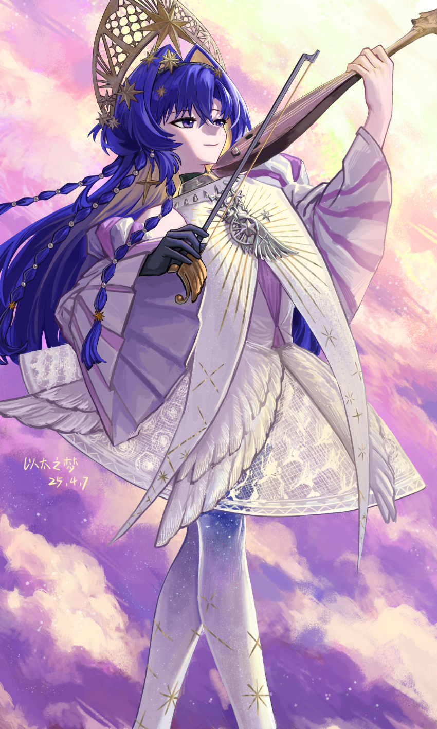 1girl absurdres artist_name bare_shoulders black_gloves blonde_hair blue_eyes blue_hair bow_(music) clothing_cutout cloud colored_inner_hair dated dress feet_out_of_frame from_side gloves hair_intakes hair_ornament hands_up highres holding holding_bow_(music) holding_instrument instrument juliet_sleeves lace_dress long_hair long_sleeves multicolored_hair official_alternate_costume pantyhose print_pantyhose puffy_sleeves purple_sky reverse:1999 short_dress shoulder_cutout signature single_glove sky smile solo star_(symbol) star_hair_ornament starry_sky_print very_long_hair voyager_(choir_of_the_stars)_(reverse:1999) voyager_(reverse:1999) white_dress white_pantyhose wide_sleeves yitai_zhi_meng