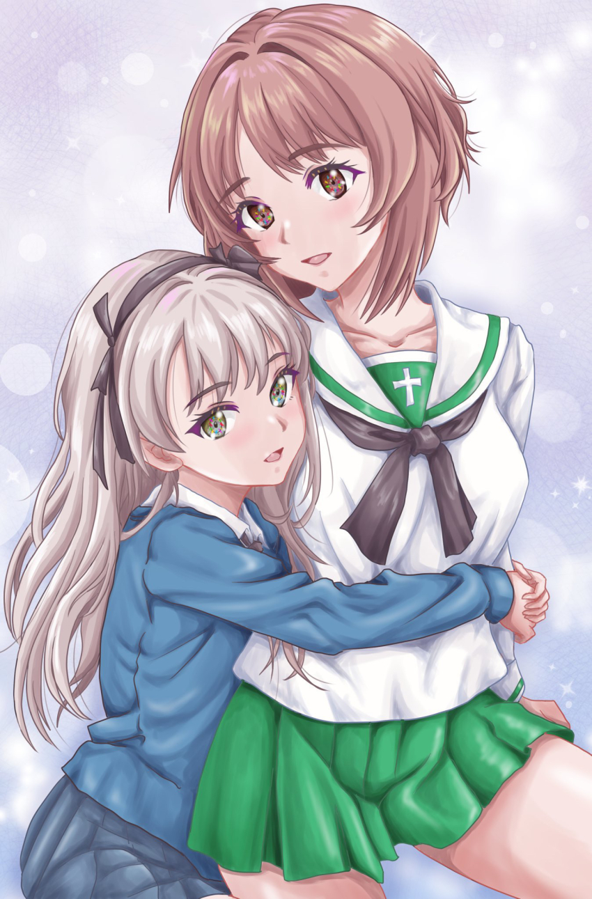 2girls age_difference black_neckerchief black_necktie black_ribbon blouse blue_skirt blue_sweater blurry bokeh brown_eyes brown_hair commentary depth_of_field dress_shirt girls_und_panzer green_skirt hair_ribbon highres hug long_hair long_sleeves looking_at_viewer miniskirt multiple_girls neckerchief necktie nishizumi_miho ooarai_school_uniform pelemix pleated_skirt ribbon sailor_collar school_uniform serafuku shimada_arisu shirt short_hair skirt sparkle st._gloriana&#039;s_school_uniform sweater white_sailor_collar white_shirt wing_collar