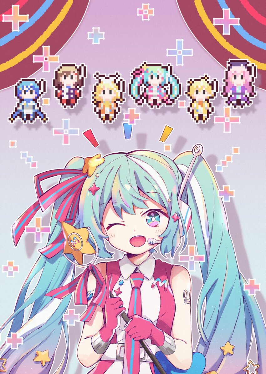 2boys 4girls aqua_eyes aqua_hair bare_arms belt blonde_hair blue_eyes blue_hair bow brown_hair chibi chibi_inset curtains dress gloves gradient_hair hair_bow hair_ornament hair_ribbon hatsune_miku headphones headset highres holding holding_wand initial kagamine_len kagamine_rin kaito_(vocaloid) long_hair looking_at_viewer magical_mirai_(vocaloid) magical_mirai_kaito magical_mirai_kaito_(2022) magical_mirai_len magical_mirai_len_(2022) magical_mirai_luka magical_mirai_luka_(2022) magical_mirai_meiko magical_mirai_meiko_(2022) magical_mirai_miku magical_mirai_miku_(2022) magical_mirai_rin magical_mirai_rin_(2022) megurine_luka meiko_(vocaloid) microphone_wand multicolored_eyes multicolored_hair multiple_boys multiple_girls notice_lines one_eye_closed open_mouth orange_dress pink_dress pink_eyes pink_gloves pink_hair pink_ribbon pixel_art pixel_art_inset plus_sign purple_dress radio_antenna ribbon seomin short_hair shoulder_tattoo sleeveless sleeveless_dress smile star_(symbol) star_hair_ornament striped_ribbon tattoo teeth twintails two-tone_hair upper_teeth_only very_long_hair vocaloid wand white_bow white_dress
