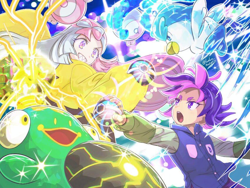 2girls bellibolt blue_hair bow-shaped_hair character_hair_ornament dot_(pokemon) gen_1_pokemon hair_ornament hair_over_eyes highres holding holding_tera_orb iono_(pokemon) jacket long_hair long_sleeves magnemite multicolored_hair multiple_girls nintendo open_mouth oversized_clothes pants pink_hair pokemon pokemon_(anime) pokemon_(creature) pokemon_battle pokemon_horizons purple_eyes purple_hair quaxly runachikku sharp_teeth shirt short_hair single_leg_pantyhose sleeves_past_fingers sleeves_past_wrists smile teeth tera_orb terastallization two-tone_hair vest yellow_jacket