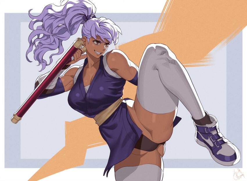 alternate_color black_panties breasts brown_eyes cleavage dark-skinned_female dark_skin fighting_stance final_fight_2 genryuusai_maki grin highres japanese_clothes kimono large_breasts leg_up long_hair muscular muscular_female ogami panties pelvic_curtain ponytail purple_hair purple_kimono shoes short_kimono smile sneakers thighhighs tonfa underwear weapon white_thighhighs