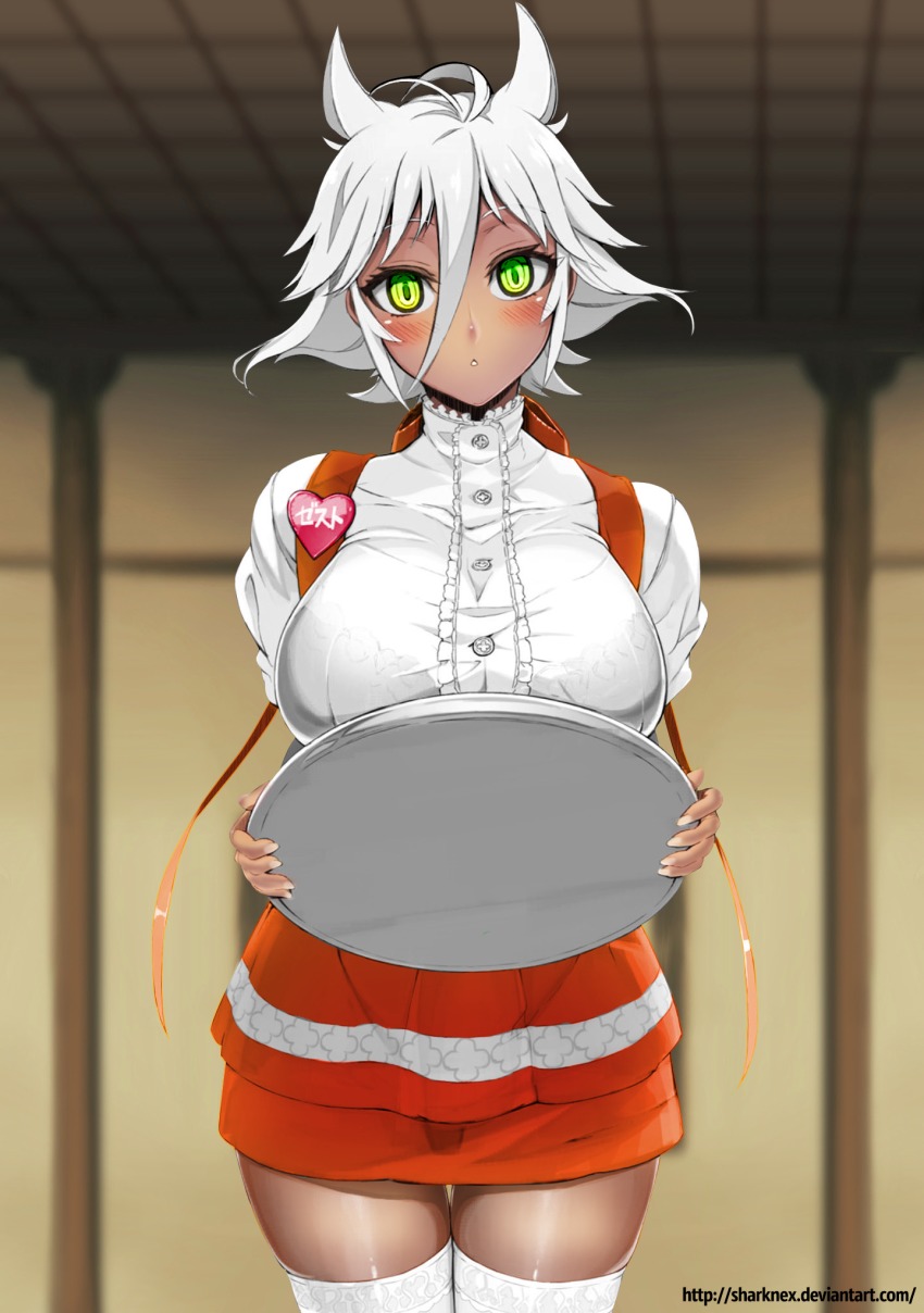 10s 1girl anna_miller blush bra breasts colorized cowboy_shot dark-skinned_female dark_skin female_focus green_eyes hair_between_eyes hair_flaps head_tilt heart highres large_breasts name_tag official_art ookuma_nekosuke ribbon see-through_clothes sharknex shinmai_maou_no_testament short_hair skirt solo thighhighs tray underwear waitress watermark web_address white_hair white_thighhighs zest zettai_ryouiki