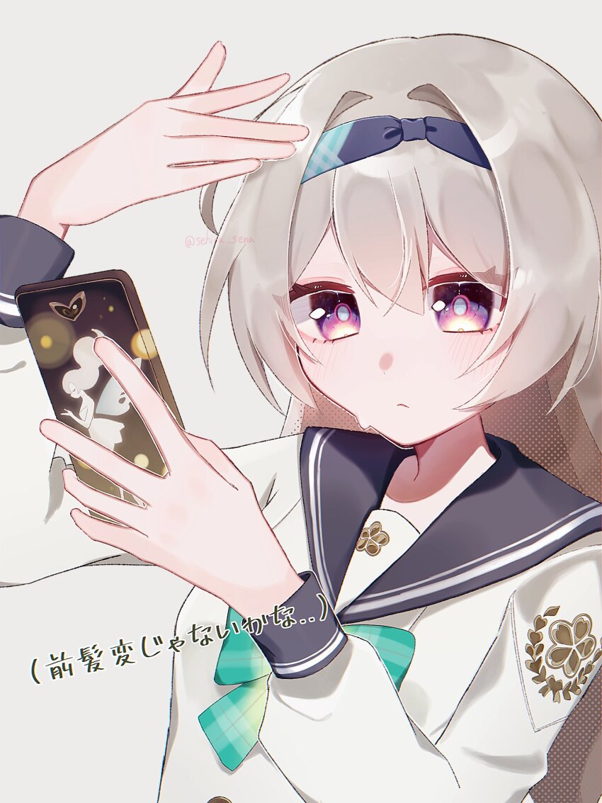 1girl adjusting_hair blue_hairband blue_pupils blue_sailor_collar blush bow bowtie cellphone closed_mouth firefly_(honkai:_star_rail) firefly_(spring_missive)_(honkai:_star_rail) gradient_eyes green_bow green_bowtie grey_hair hair_between_eyes hair_intakes hairband hand_on_own_head highres holding holding_phone honkai:_star_rail honkai_(series) long_hair long_sleeves multicolored_eyes phone plaid_bow plaid_bowtie plaid_clothes sailor_collar sehira_sena simple_background smartphone solo white_background white_sleeves