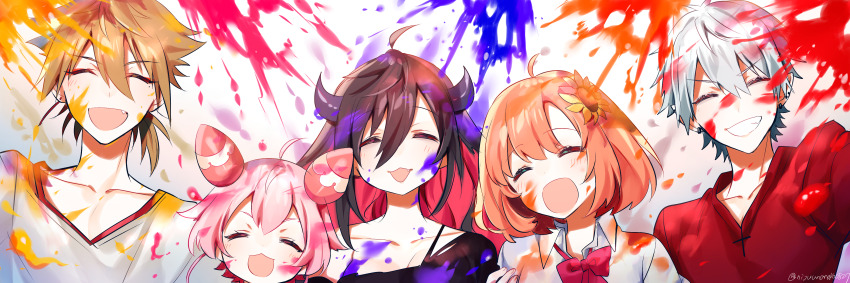 2boys 3girls :d ^_^ absurdres ahoge black_hair bow breasts brown_hair cleavage closed_eyes collarbone collared_shirt earrings fang flower fushimi_gaku grey_hair grey_shirt grin hair_between_eyes hair_flower hair_ornament highres honma_himawari horns jewelry kuzuha_(nijisanji) long_hair low_ponytail medium_breasts multiple_boys multiple_girls nijisanji ninahachi open_mouth orange_hair paint_splatter paint_splatter_on_face pink_hair pointy_ears ponytail red_bow red_hair red_shirt shirt smile sunflower sunflower_hair_ornament towel twitter_username ushimi_ichigo virtual_youtuber white_background white_shirt yamiyono_moruru yellow_flower