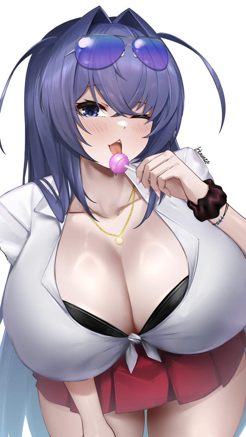1girl absurdres amesuku_gyaru aviator_sunglasses azur_lane blue_eyes blue_hair blush bra bra_peek bracelet breasts candy cleavage food gyaru hair_intakes highres holding holding_candy holding_food holding_lollipop huge_breasts irkawaza jewelry kogal lollipop long_hair looking_at_viewer necklace new_jersey_(azur_lane) one_eye_closed open_mouth red_skirt ring ring_necklace saliva scrunchie shirt signature simple_background skirt solo sunglasses thighhighs tied_shirt underwear very_long_hair white_background white_shirt wrist_scrunchie zettai_ryouiki