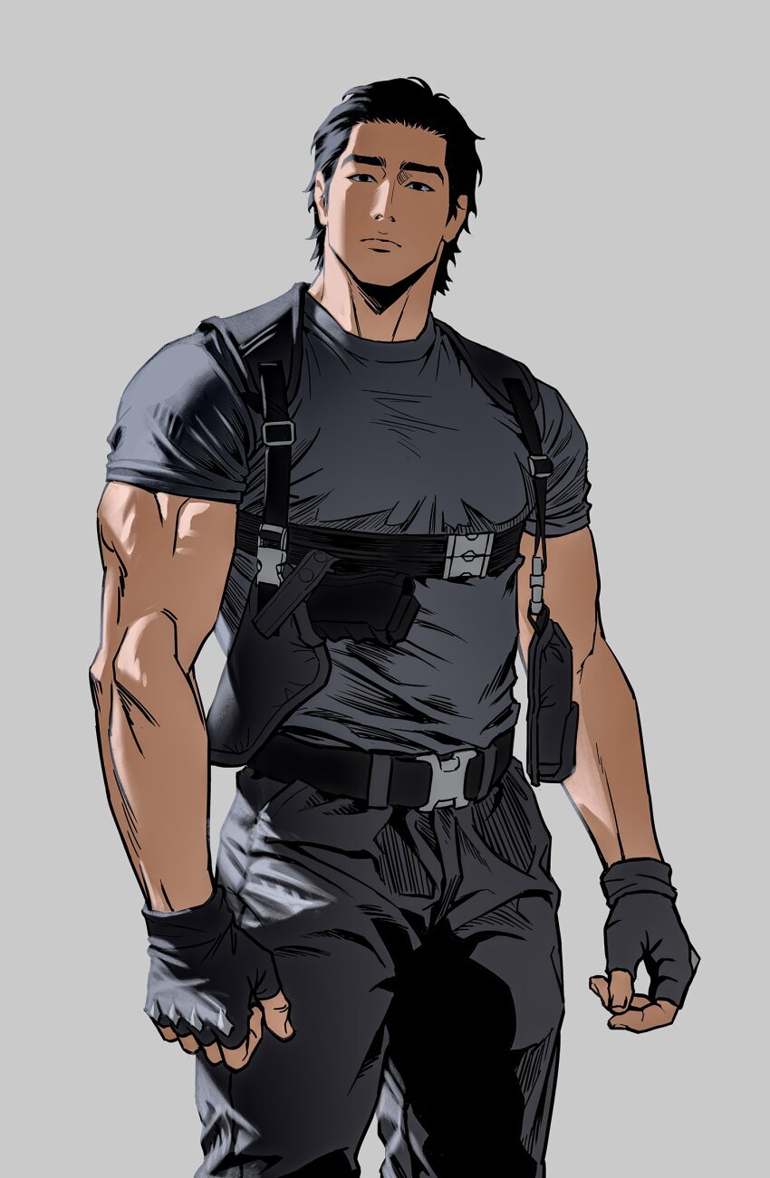 1boy belt belt_buckle black_belt black_eyes black_gloves black_hair black_pants buckle chest_harness chngtj closed_mouth commentary crew_neck fingerless_gloves frown gloves grey_background grey_shirt gun hair_slicked_back handgun harness highres holster male_focus original pants pouch shirt shirt_tucked_in short_sleeves sideburns simple_background snap-fit_buckle solo t-shirt weapon