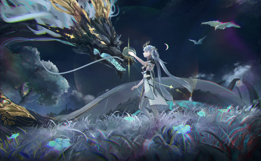 1girl 1other absurdres bird black_collar black_dress boots bow breasts bright_pupils chinese_commentary chromatic_aberration closed_mouth coat collar colored_eyelashes commentary_request crescent_moon dragon dress earrings eastern_dragon eastern_dragon_horns from_side grass hair_bow hand_up heavy_chromatic_aberration highres horns jewelry jinhsi_(wuthering_waves) jue_(wuthering_waves) looking_at_another low_twintails medium_breasts mienpp moon night night_sky outdoors sideboob sky thigh_boots tree twintails white_bird white_bow white_coat white_eyelashes white_eyes white_footwear white_hair white_pupils wide_shot wuthering_waves yellow_horns