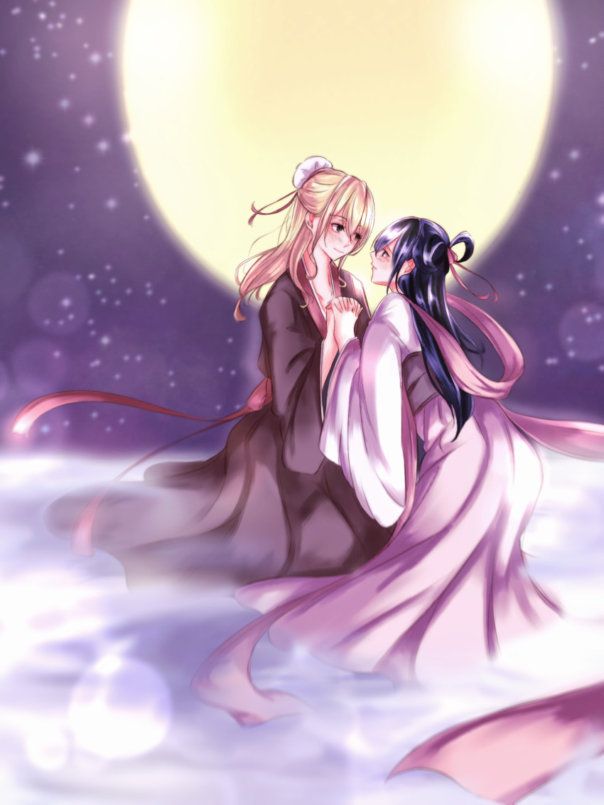 2girls absurdres aihara_mei aihara_yuzu alternate_costume black_hair blonde_hair chinese_clothes citrus_(saburouta) hagoromo hanfu highres holding_hands inseki interlocked_fingers moon multiple_girls purple_sky redqueen shawl siblings sisters sky yuri zhijupao