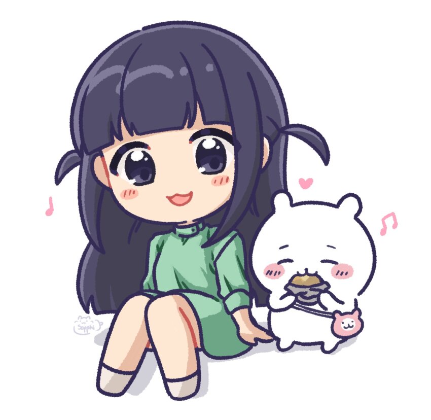 1girl :3 =_= arms_at_sides artist_name bag beamed_eighth_notes black_eyes black_hair blunt_bangs blush bun_(food) chibi chiikawa chiikawa_(character) closed_eyes closed_mouth commentary crossover dress eating eighth_note english_commentary food full_body green_dress handbag heart highres holding holding_food knees_together_feet_apart long_hair long_sleeves looking_at_viewer musical_note open_mouth sapphi_(sky_dreamsky) shoujo_kageki_revue_starlight shoulder_bag side-by-side simple_background sitting smile socks tsuyuzaki_mahiru two_side_up white_background white_socks