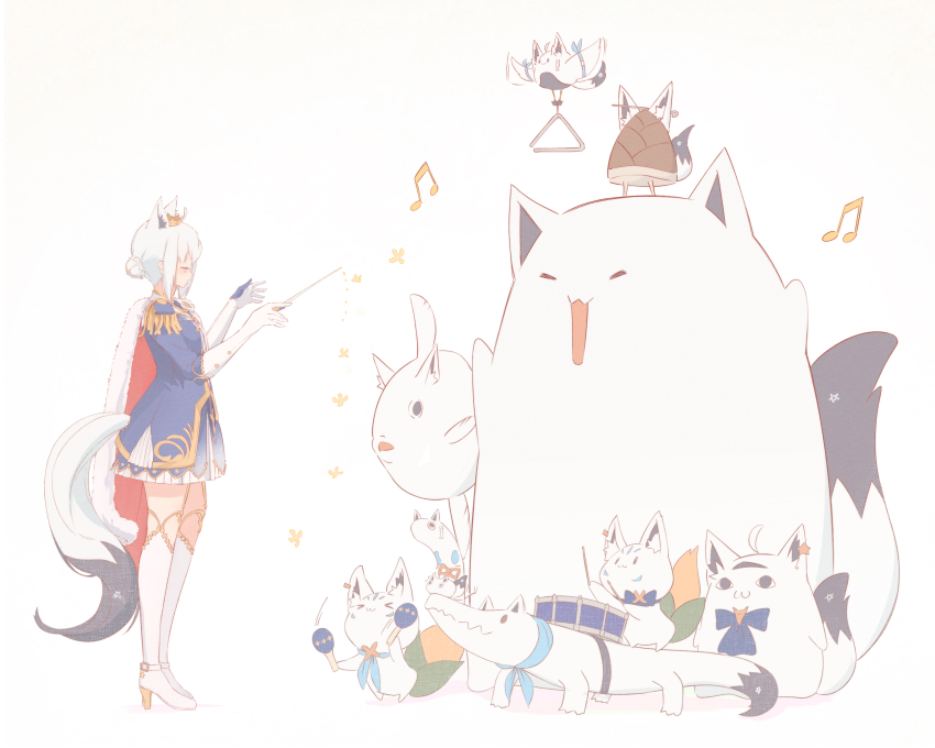1girl :3 absurdres animal_ear_fluff animal_ears arms_up ascot bamboo_shoot blue_ascot blue_dress bow bowtie cape chamomile_(kazumasa) closed_eyes clothing_cutout commentary_request conductor_baton crown dress drum drumsticks epaulettes facing_another flying fox_ears fox_tail from_side fubuchun fubuzilla_(shirakami_fubuki) full_body fur-trimmed_cape fur_trim gloves gold_trim hair_bun hair_ornament hairpin happy high_heels highres holding holding_drumsticks holding_instrument holding_maracas hololive instrument looking_at_another maracas miteiru_(shirakami_fubuki) musical_note neck_ribbon nejima_kitsune_(shirakami_fubuki) oruyanke_(shirakami_fubuki) red_cape ribbon shirakami_fubuki shirakami_fubuki_(fbkingdom) sidelocks simple_background standing sukonbu_(shirakami_fubuki) tail tail_through_clothes thighhighs triangle_(instrument) virtual_youtuber white_background white_hair