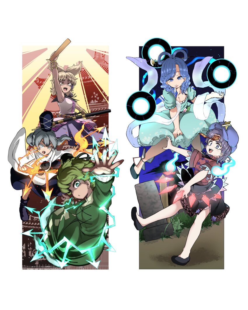 5girls arm_up black_boots black_hat black_ribbon black_shoes black_skirt blue_dress blue_eyes blue_hair blue_hat boots breasts brown_hair newsboy_cap chinese_clothes closed_mouth coat commentary_request danmaku dress earmuffs electricity electrokinesis fire full_body ghost green_dress grey_hair hat hat_ornament highres japanese_clothes kaku_seiga kariginu kunai lightning looking_at_viewer medium_breasts miyako_yoshika mononobe_no_futo multiple_girls neck_ribbon ofuda open_clothes open_mouth open_vest pointy_hair pom_pom_(clothes) purple_hair pyrokinesis red_shirt ribbon ritual_baton sharp_teeth shika_miso shirt shoes short_hair short_sleeves skirt smile soga_no_tojiko star_(symbol) star_hat_ornament tangzhuang tate_eboshi teeth tombstone touhou toyosatomimi_no_miko vest wavy_hair weapon white_coat white_vest