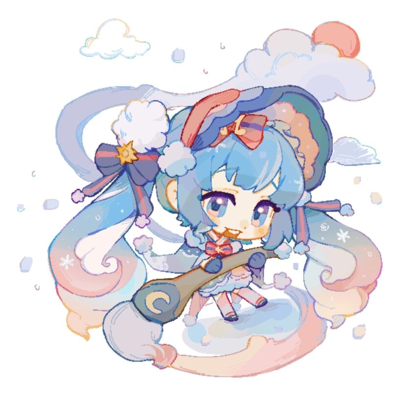 black_gloves blue_eyes blue_hair blush bow cape chibi cloud dot_nose dress eyelashes full_body gloves gradient_hair hair_bow hatsune_miku headdress highres holding holding_brush long_hair looking_at_viewer makeup multicolored_hair musical_note nose_blush red_bow rouge_(makeup) sidelocks snow snowing suuroku teeth upper_teeth_only very_long_hair vocaloid white_background yuki_miku yuki_miku_(2023)