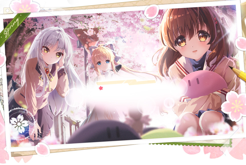3girls air_(visual_novel) angel_beats! artist_request bad_source blazer blonde_hair blue_eyes brown_eyes brown_hair cherry_blossoms clannad dango dango_daikazoku food furukawa_nagisa hair_ribbon highres hikarizaka_private_high_school_uniform jacket kamio_misuzu key key_(company) long_hair multiple_girls ponytail promotional_art ribbon school_uniform second-party_source short_hair skirt tenshi_(angel_beats!) very_long_hair wagashi white_hair yellow_eyes