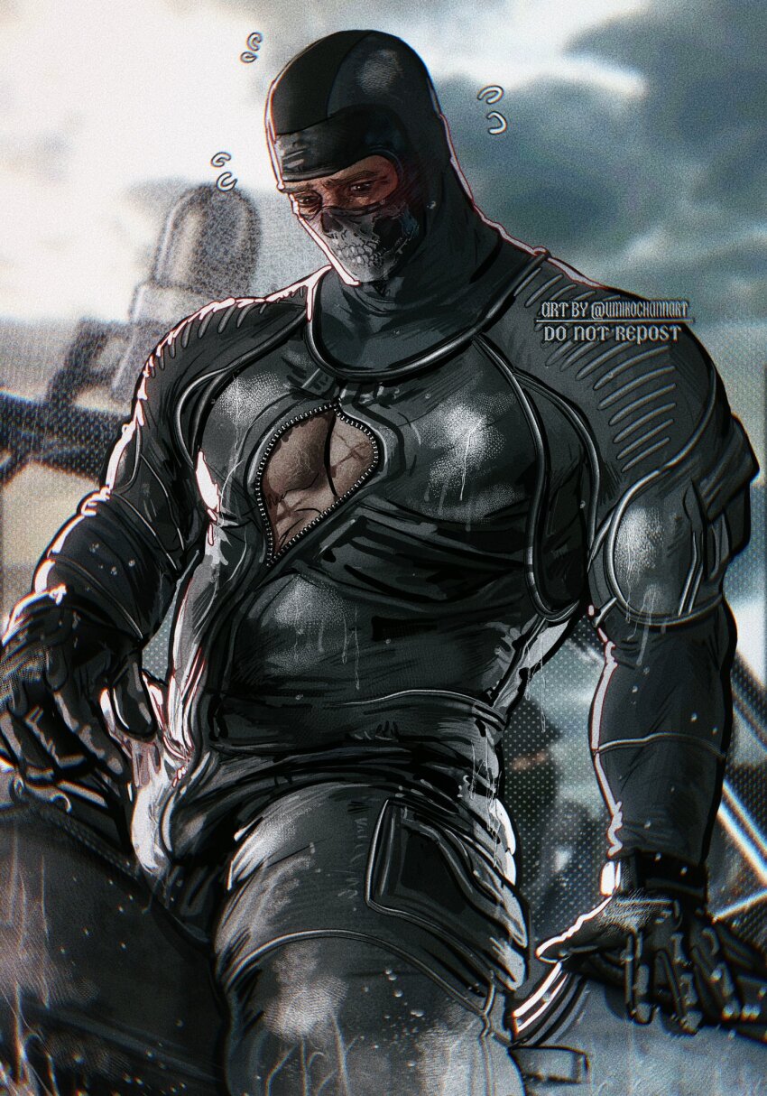 1boy bara black_gloves blush call_of_duty call_of_duty:_modern_warfare_2 cloud day ghost_(modern_warfare_2) gloves highres large_pectorals male_focus mask muscular muscular_male outdoors pectorals sitting skull_mask sky solo twitter_username umikochannart