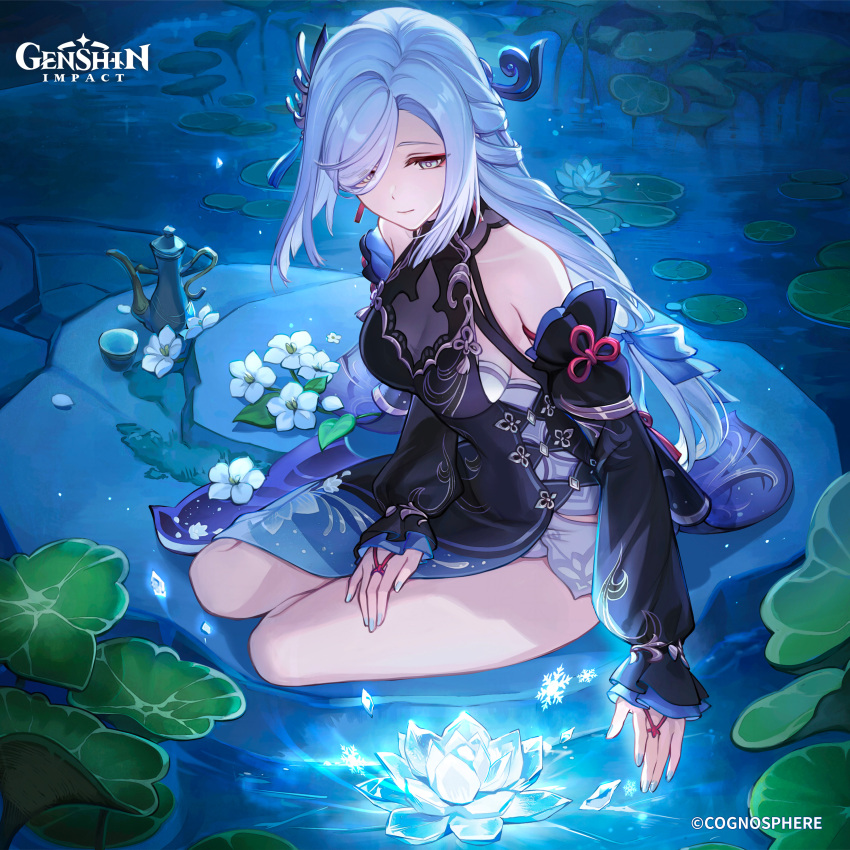 1girl absurdres bare_shoulders black_dress black_sleeves blue_nails breasts china_dress chinese_clothes closed_mouth commentary dress english_commentary eyes_visible_through_hair flower genshin_impact grey_hair hair_over_one_eye highres long_hair nail_polish official_alternate_costume official_alternate_hairstyle official_art outdoors shenhe_(frostflower_dew)_(genshin_impact) shenhe_(genshin_impact) sideboob sideless_dress sleeveless sleeveless_dress smile solo white_flower