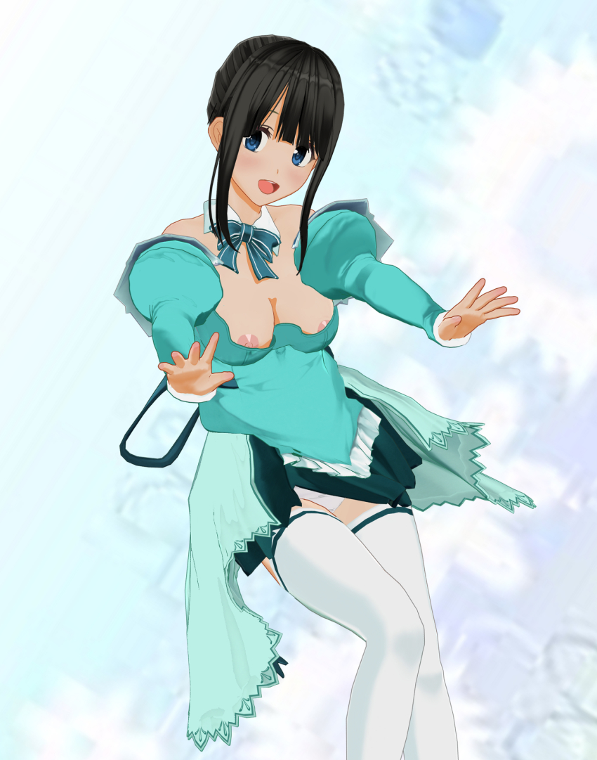 1girl 3d areola_slip black_hair blue_bow blue_bowtie blue_eyes blush bow bowtie breasts classmate_daisuki cleavage collarbone cosplay detached_collar dress green_dress hasegawa_akemi hasegawa_akemi_(cosplay) highres long_sleeves looking_at_viewer medium_breasts nipple_slip nipples no_bra open_mouth panties pantyshot pia_carrot_(series) pia_carrot_e_youkoso!! pia_carrot_e_youkoso!!_3 puffy_sleeves reaching reaching_towards_viewer short_hair sidelocks smile solo standing teeth thighhighs underwear white_panties white_thighhighs